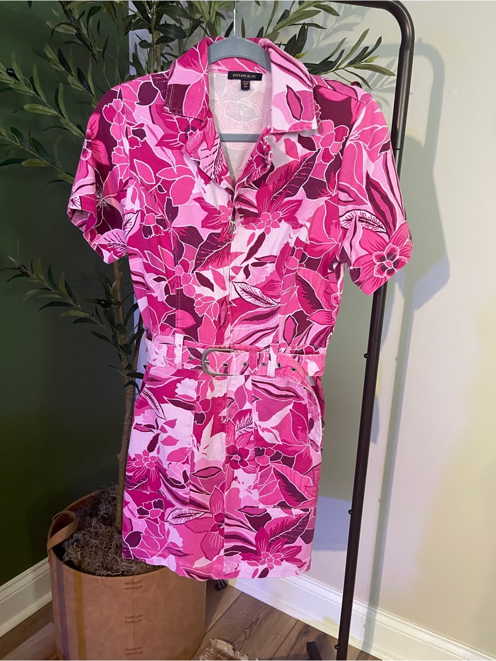 Skies Are Blue Pink Floral Shirt Dress with Belt